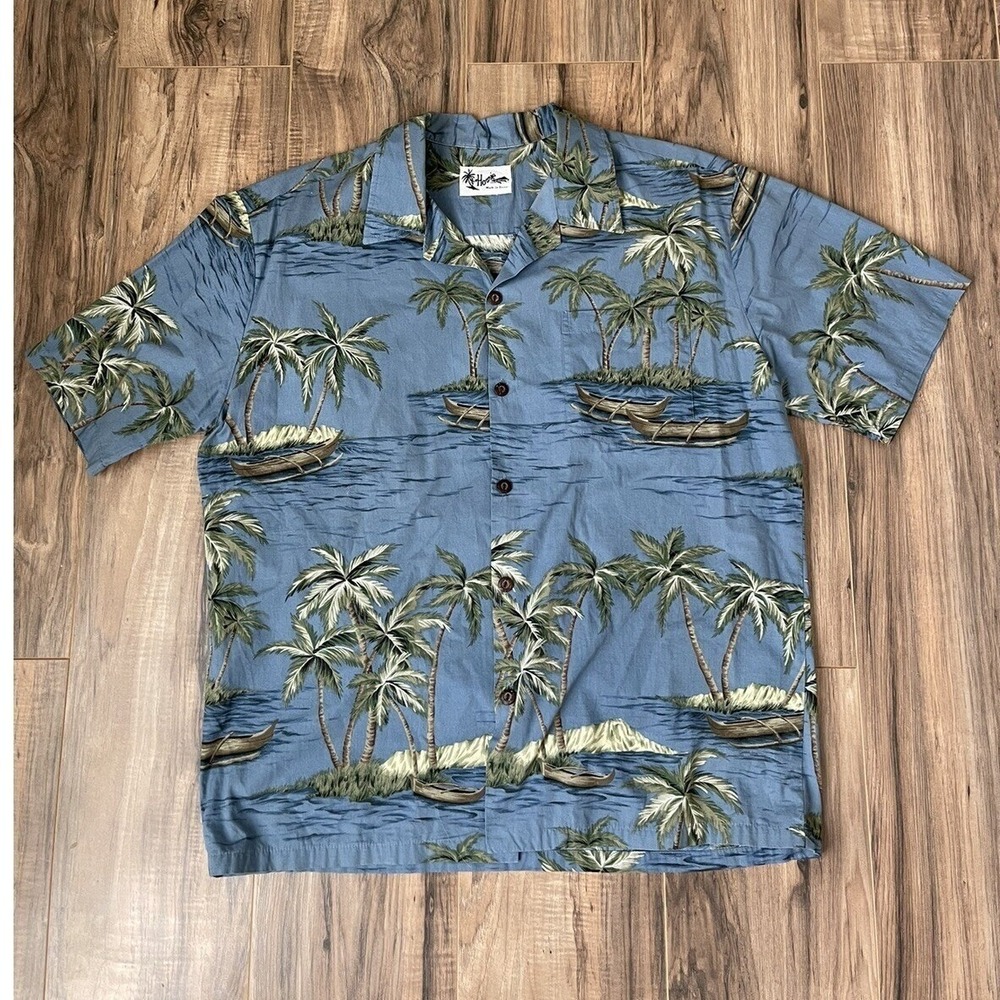 Howie Hawaiian Shirt Mens XL Blue Palm Tree Canoe Tropical Aloha Made in Hawaii